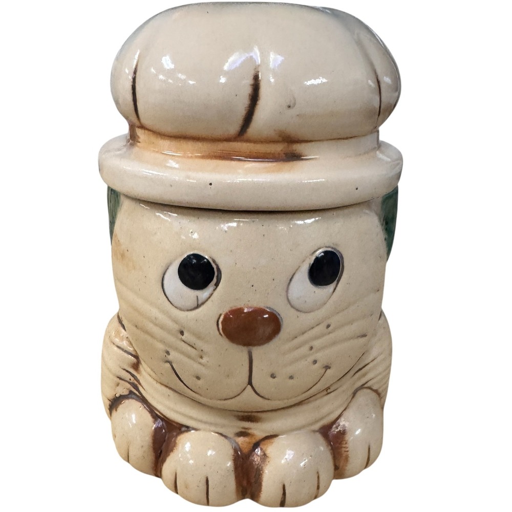 Vintage Ceramic Chef Cat Cookie Jar Hand Painted Tan Brown Kitsch Kitchen Decor